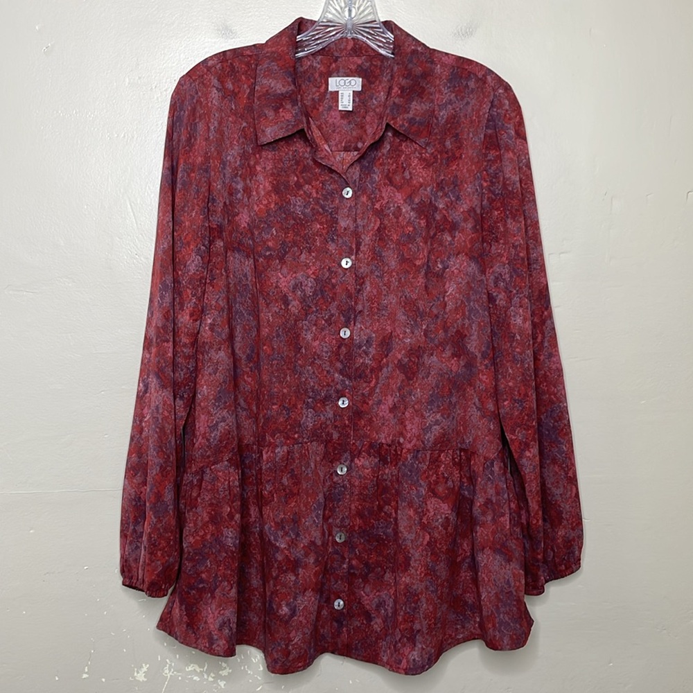 LOGO Stretch Woven Button Front Blouse Loose Fit Large Ruffle Hem Berry Small